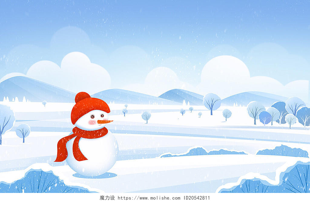 唯美卡通冬天冬季雪地雪人雪景插画海报背景大雪背景
